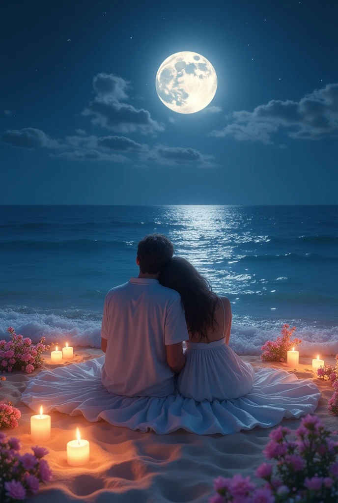Moonlit night, sea, beach, the moon reflected on the water, beautiful in every detail, lots of candlelight, a lover sitting, she rests her head on his shoulder, flowers blooming