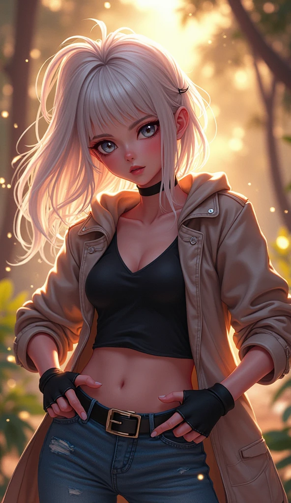 A medium shot of a confident girl with expressive eyes, perfect face, and white hair, wearing a jacket, ahoge, fingerless gloves, and showing a playful smile, leaning forward with hands on hips, standing in a vibrant fantasy environment, surrounded by glowing magical particles, shot in soft evening light, using a Nikon Z7 II, 50mm f/1.4 lens, with a balanced color palette combining warm tones and soft shadows