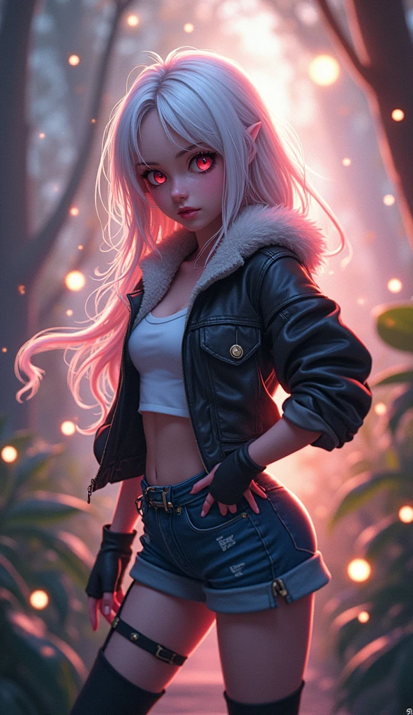 A medium shot of a confident girl with expressive eyes, perfect face, and white hair, wearing a jacket, ahoge, fingerless gloves, and showing a playful smile, leaning forward with hands on hips, standing in a vibrant fantasy environment, surrounded by glowing magical particles, shot in soft evening light, using a Nikon Z7 II, 50mm f/1.4 lens, with a balanced color palette combining warm tones and soft shadows