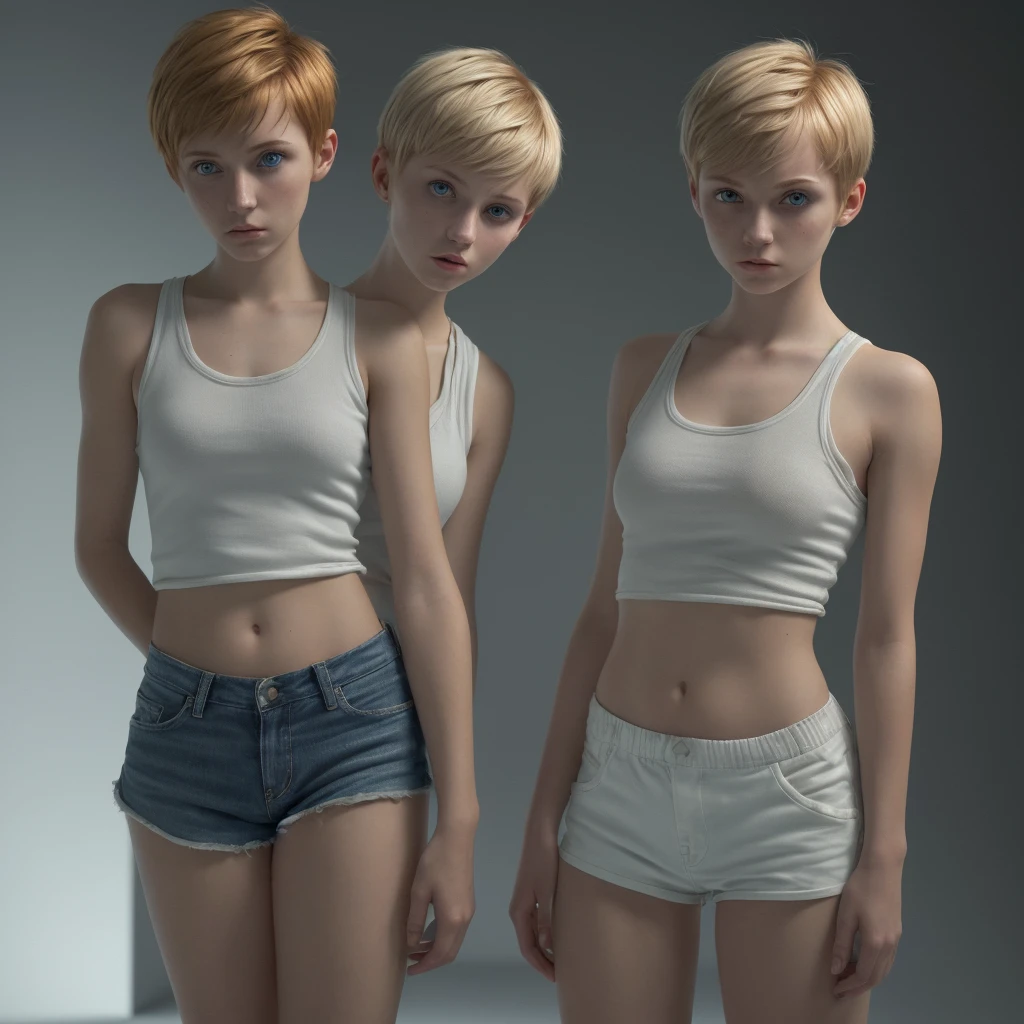 two 21-year-old girls, in a white tank top and small shorts (Standing in a dark beroom) one of two girls looking down and one looking into camera, Highly detailed, 21-year-old, innocent face, blonde Buzz cut Hair, ginger Pixie Bob Haircut bangs, dark-blue eyes, high resolution, The best quality, Highly detailed, sharp focus, detailed skin, texture, detailed eyes, professional, 4k, extremely detailed, Photo_\(ultra\), Realstic, Maximum details, Atmospheric lighting.