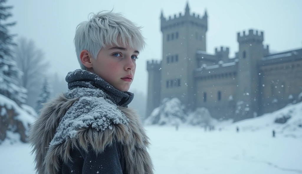 A targaryen teenager boy with  with silver short hair, silver eyebrows and purple eyes, Winterfell scenary, clotheless in the snow, couple