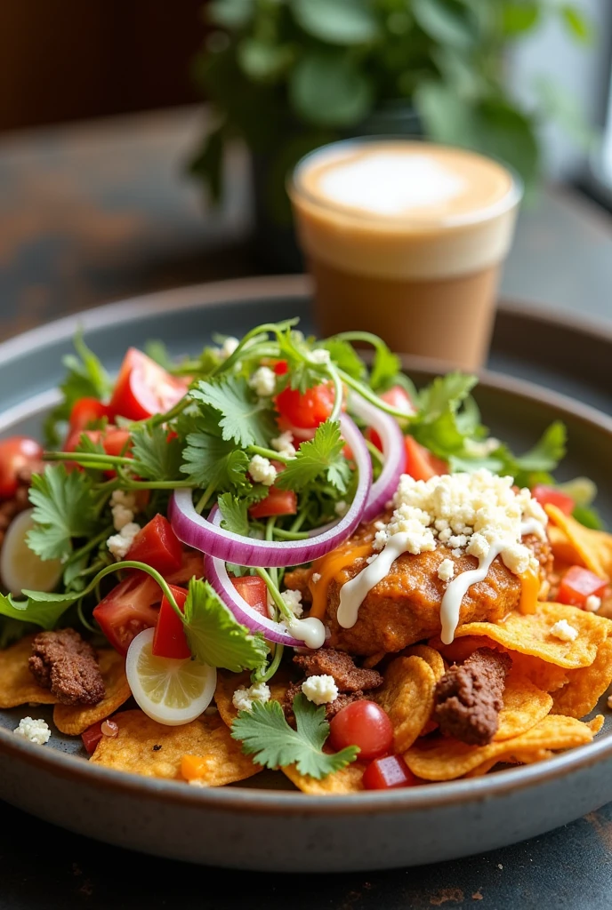 Salad with chilaquiles and latte presentation