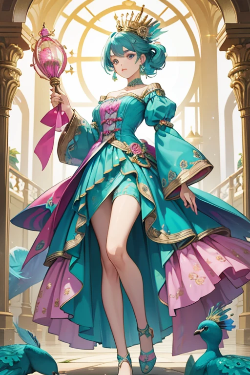 Queen Paradise is a light teal peacock with teal hair and peacock tail feathers.. She stands at 8 inches, which is 2 inches more than the standard Enchantimal dolls released up to this point.
She wears a pink top and a blue skirt with a pink floral design.
She comes with a gold crown, scepter, chest piece and shoes. SPARKLE; GLITTER