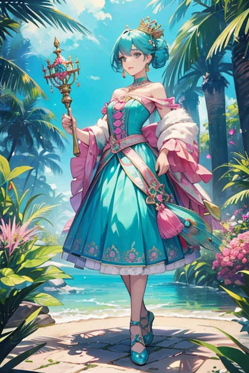 Queen Paradise is a light teal peacock with teal hair and peacock tail feathers.. She stands at 8 inches, which is 2 inches more than the standard Enchantimal dolls released up to this point.
She wears a pink top and a blue skirt with a pink floral design.
She comes with a gold crown, scepter, chest piece and shoes. SPARKLE; GLITTER