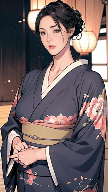 1，Japanese hairstyle，Photorealism，detailed，masterpiece，mature，((full))， (Broad shoulders), ((Huge))，Plus size mature women，expensive，30 years old，Pretty face, (Plump woman)，Beautiful long-sleeved kimono，kimono，Hold your chest with both hands:1，high quality，Are standing，High Resolution 4K Information,Kyoto,
