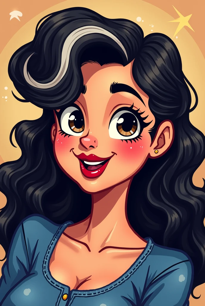 brunette woman, black person hair curly kinky layered long defined white streak, chubby, denim clothing, Brown eyes, reddened mouth, dark eyes, big and wide face, Disney pixel animation style wide nose