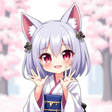 One Woman,Gray Hair,Cat ear,((Chibi Character)) ,Red eyes,,White kimono,OK sign,Hand Signs,Proud face,smile,Please enter text in the bottom right corner of the fantasy image,A very popular font,