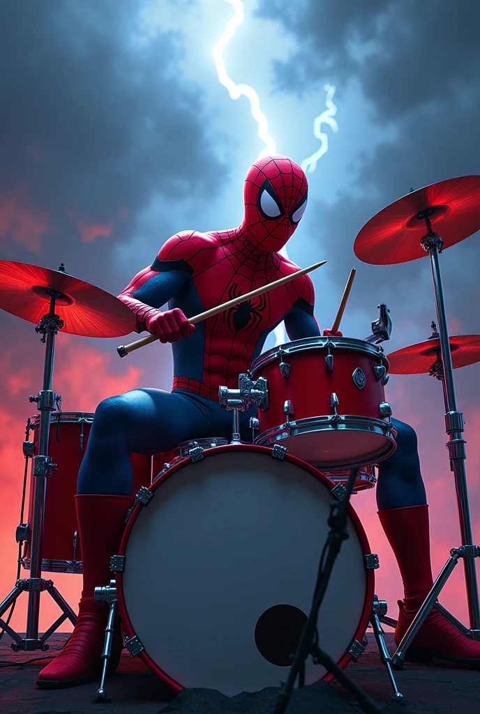 Rock Spiderman marvel holding a stick sitting playing drums with a background of thunder and very rock vibes.