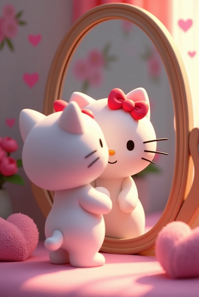 hello kitty looking in the mirror with self-esteem
