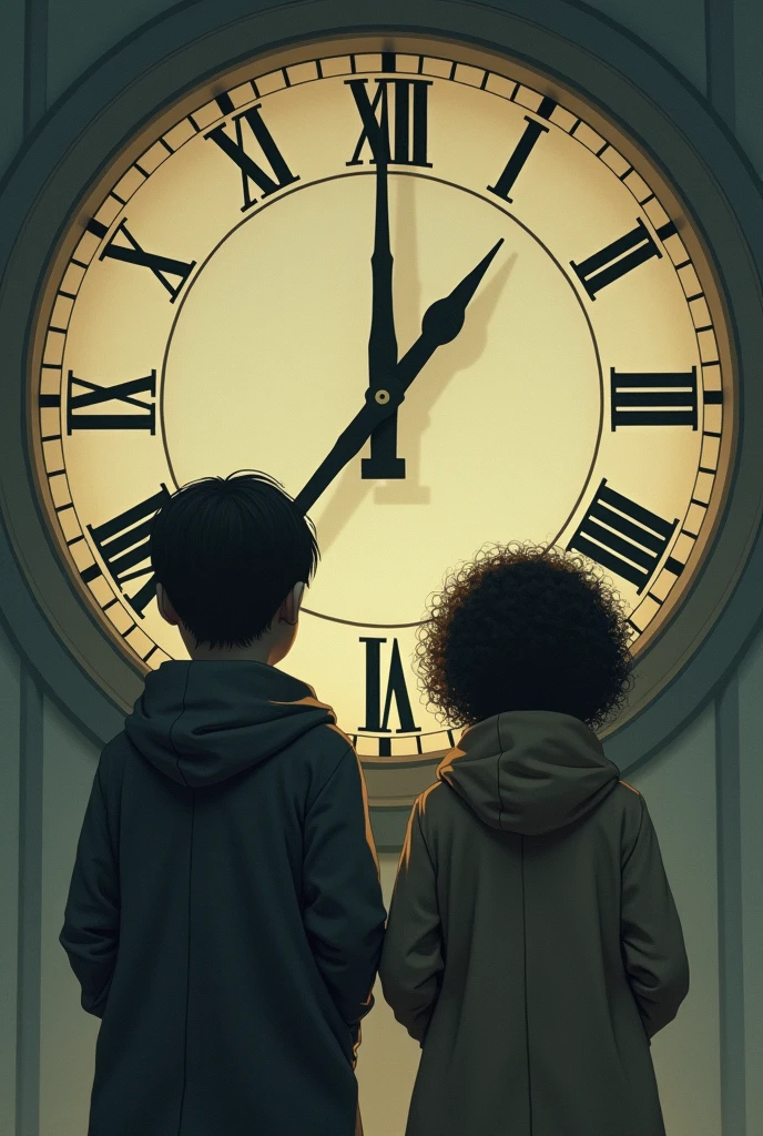 Dark-skinned boy with low, straight hair 
  and on the other a girl with short curly hair, both with their eyes closed as if they were praying, and in the middle a clock as if at the end of time with their hands in their coat and the two are teenagers and the big clock behind them and in the between the two large clocks, just looking at each other, on one side of the clock and the other on the other