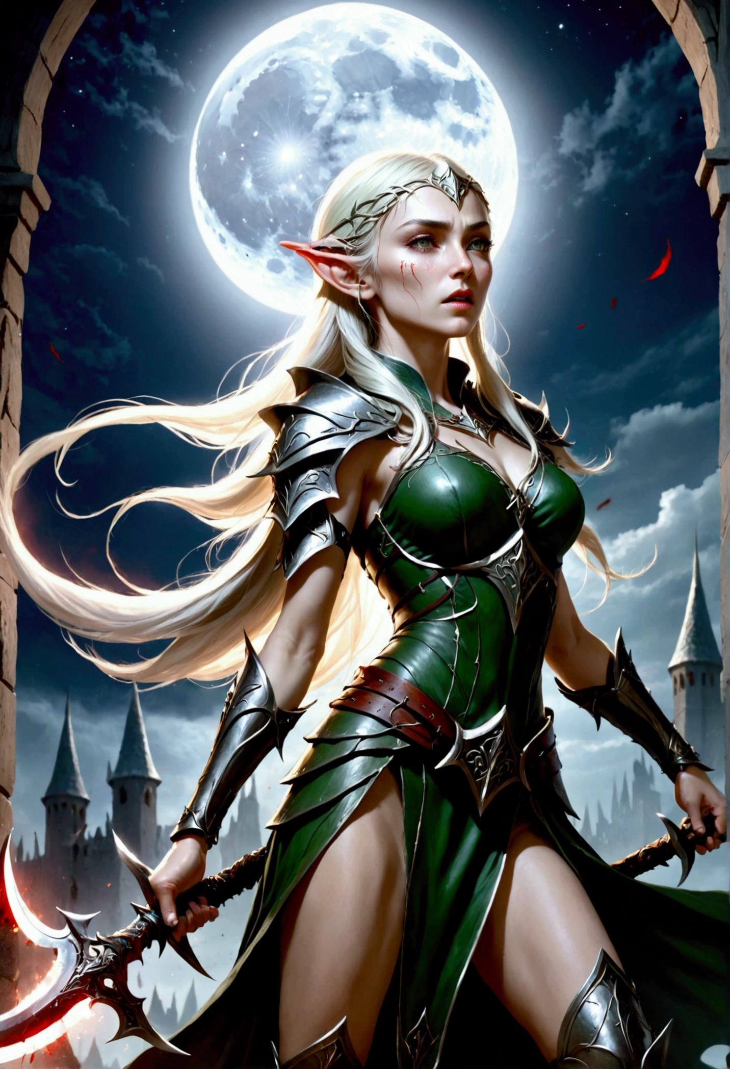 An elven warrior, her features twisted with fury and resolve, fights desperately to live. Her body is marred by bleeding wounds, yet her spirit remains defiant. Her blade catches the moonlight, cutting through the air with lethal accuracy. Chaos reigns around her, with soldiers falling and the clamor of battle filling the air
