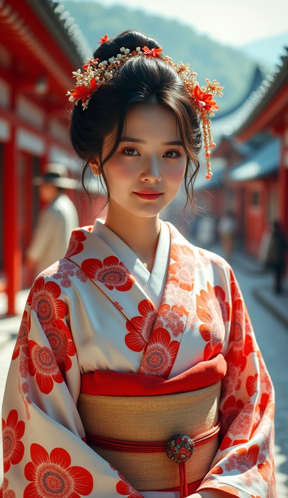 A beautiful young woman wearing brightly colored Japanese clothing、A charming expression、The upper white teeth are visible、(Japanese clothing with red floral pattern on a white background、Bright and vividly colored kimono)、((SeaArt creates beautiful women in kimono))、Full Body Shot、background、Shrines and temples、The atmosphere is like that of a Japanese Ukiyo-e painting.、