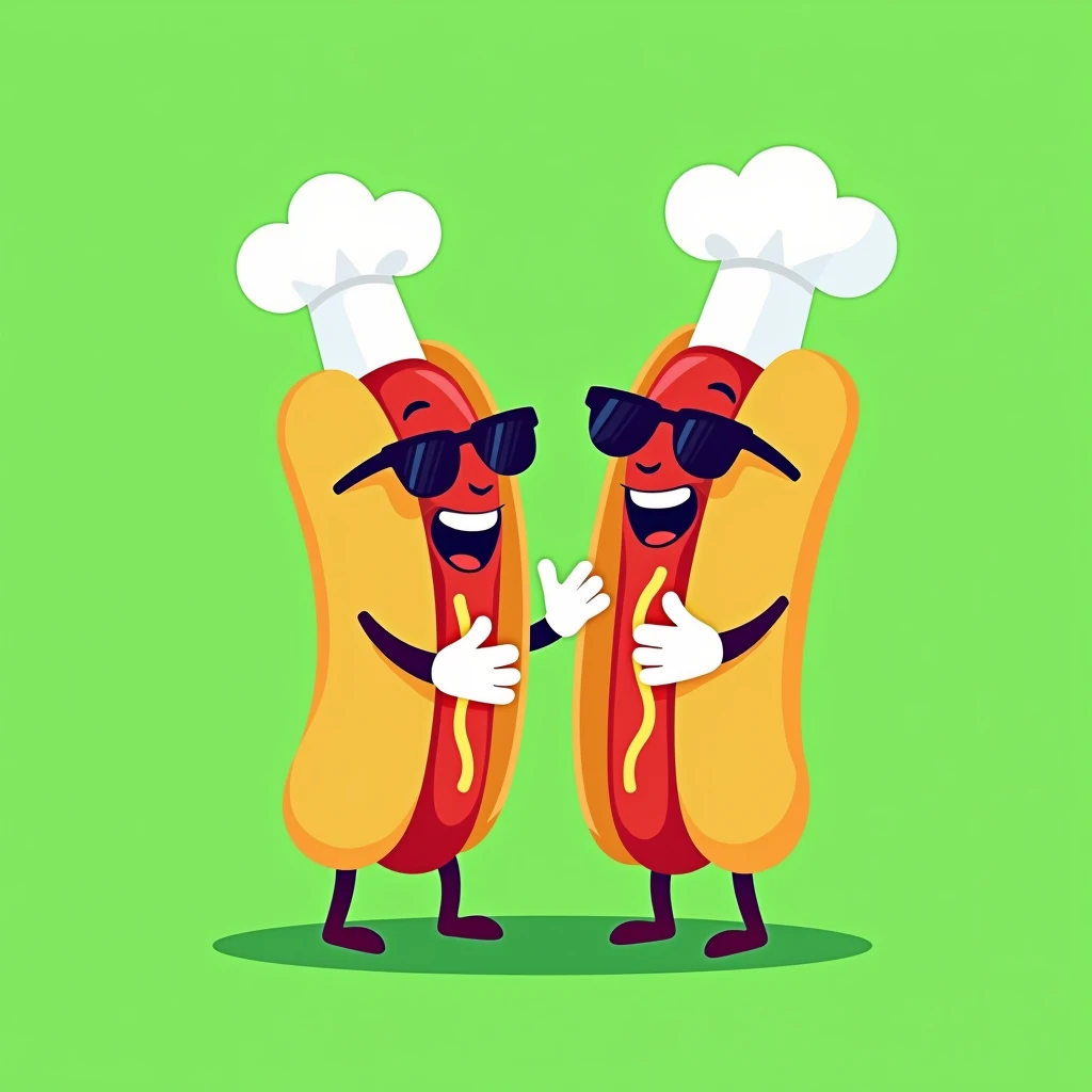 (best quality,4k,8k,highres,masterpiece:1.2),ultra-detailed,(realistic,vector,logo), hotdog character,vector flat illustration,cartoon style,sunglasses,chef white hat,white gloves hands,sticker,green background,dynamic,vibrant colors,clean design,minimalist,playful,whimsical,fun,energetic,humorous,appealing,attractive,iconic,brand mascot,brand identity,brand : flat sticker vector 2d : add a second character
