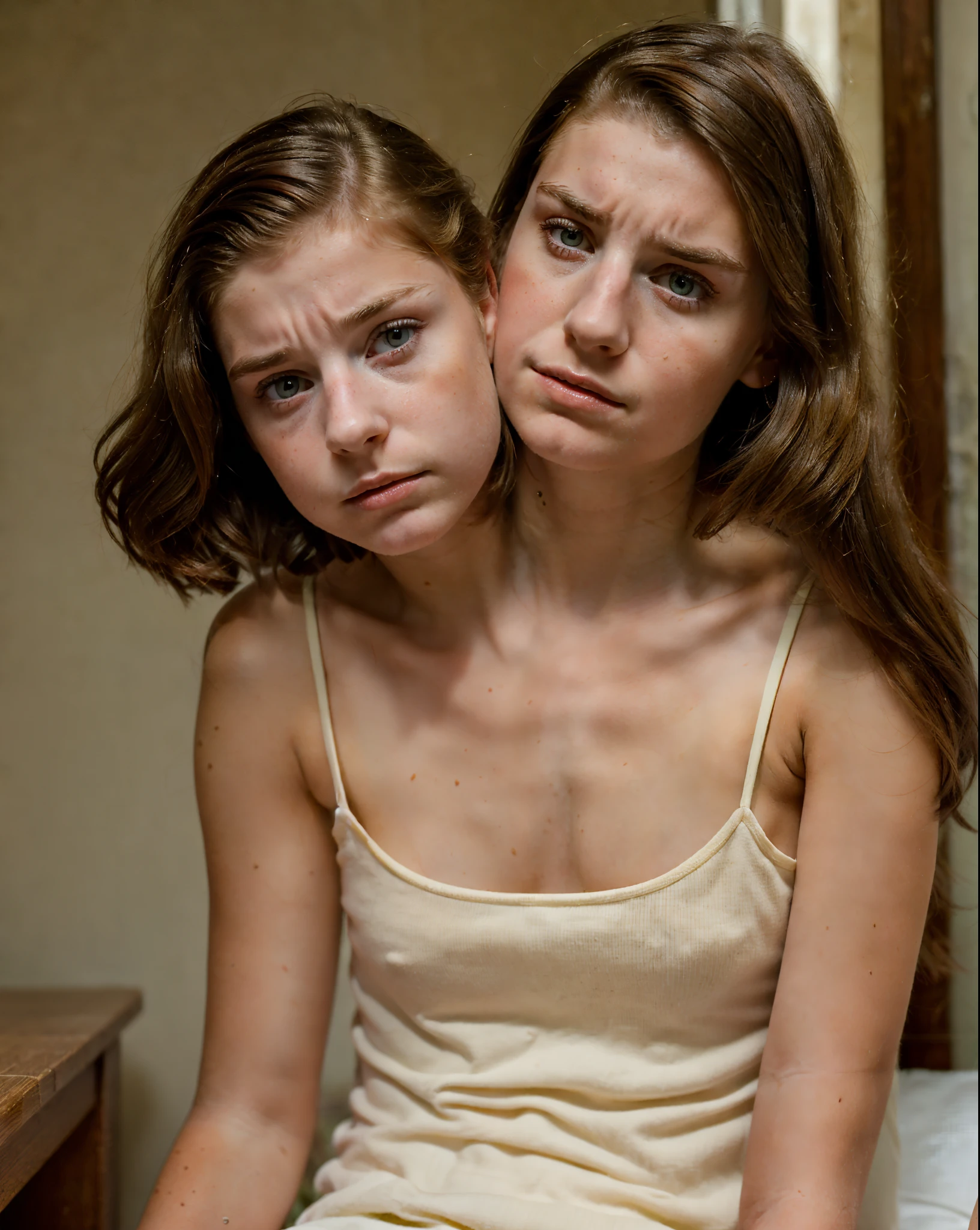 2heads, two headed girl, (a 10 year old girl and a 20 year old girl:1.5), (uncomfortable and annoyed:1.2), (one is a redhead and the other is a brunette:1.3)