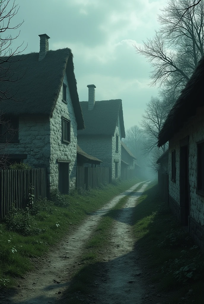 A grim image of a street in an old Ukrainian village of the seventeenth century in the Gothic style with one-story mud-brick houses with thatched roofs, A lot of nature, houses on one side of the street, on the edge of the ravine, road without bricks, a common trampled trail on the grass, white houses, the walls of which are covered with chalk,