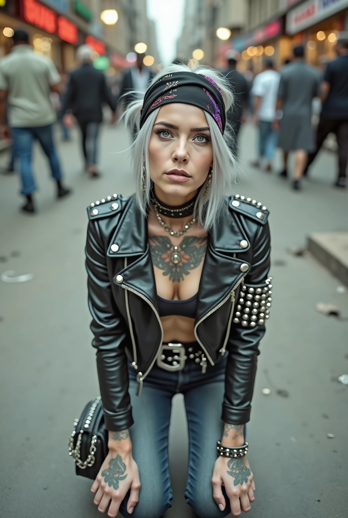 russian milf woman, grey hair (middle part, ponytail) and oversize colourful bandana as headband, with very light blue eyes, extremely pale. Wearing worn studded cropped black moto jacket with lots of zippers and pins, black push up bra with white seams , dark skinny blue jeans and pointy silver Chelsea boots with cuban heels . Studded Choker. Lots of metallic bracelets and collars. Tacky wide studded leather belt with oversized skull and bones buckle. Long bohemian earrings. Kneeling like in a payer, looking at the camera, humble facial expression. Hands on her knees, studded black leather tote bag with chains Listening in amazement to somebody speaking to her, toned six pack abdominals, thin neck, slim legs and thin arms. Tattoed heavily. Street in Nairobi. A lot shirtless men around looking at her, next to her, garbage and all her belongings on the floor