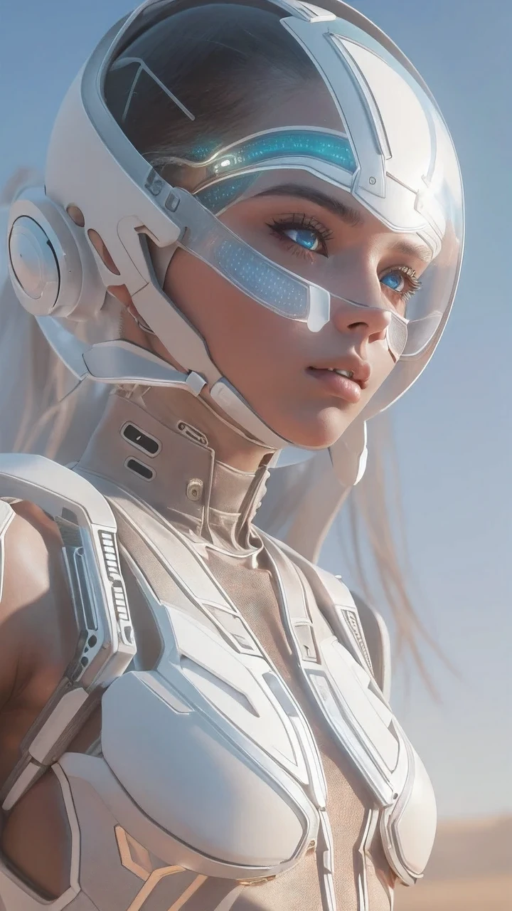 A GIRL IN THE DESERT WEARING A TRANSPARENT FUTURISTIC COSTUME, high technology, futuristic, cyberpunk, android, technology, perfect, white glowing eye, illustration, design, cinematic lighting, 8 k, highly detailed, octane render, unreal engine, artstation pinterest, deviantart, artstation, behance, trending