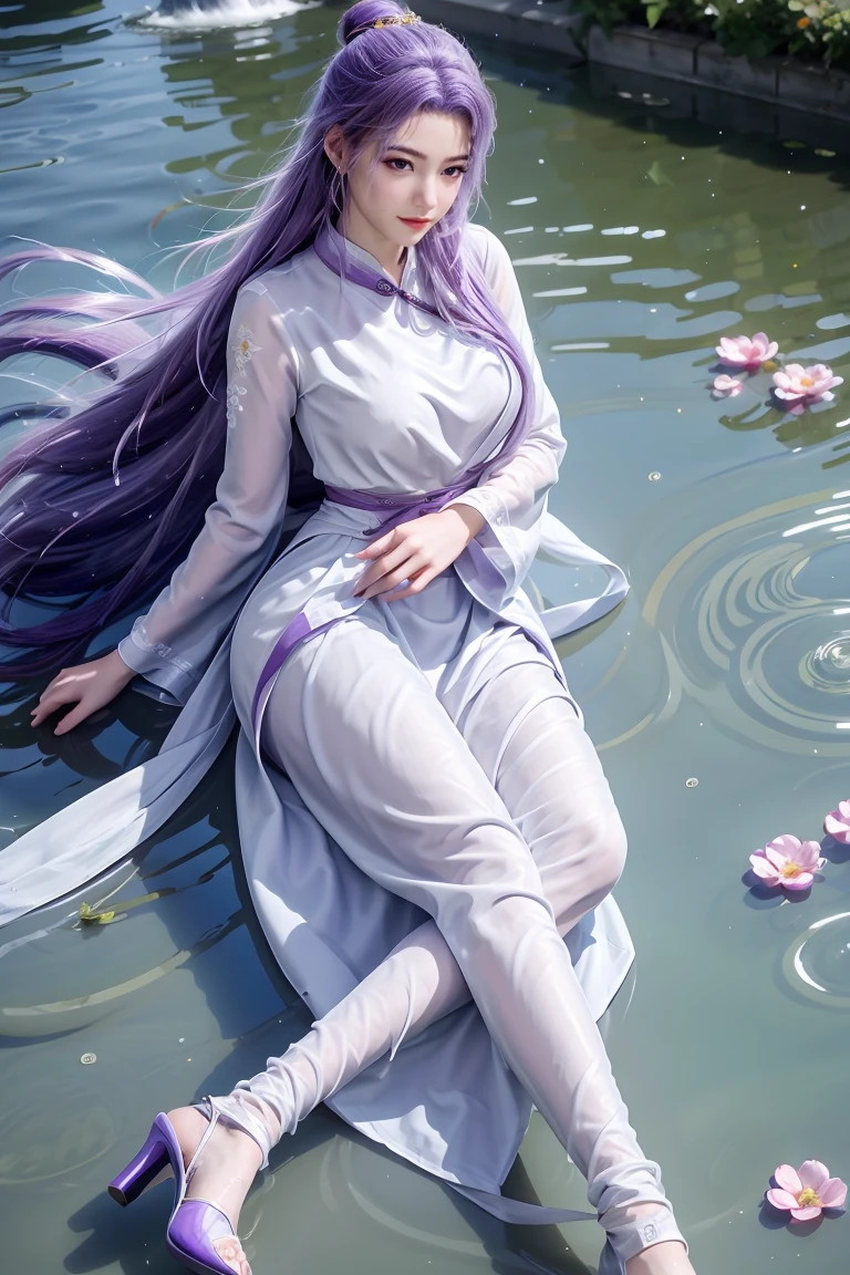 Chinese purple cheongsam，Long legs，In the bedroom，full-body shot，Wear purple high heels，Lying in the water，Wet hair，Clothes are wet