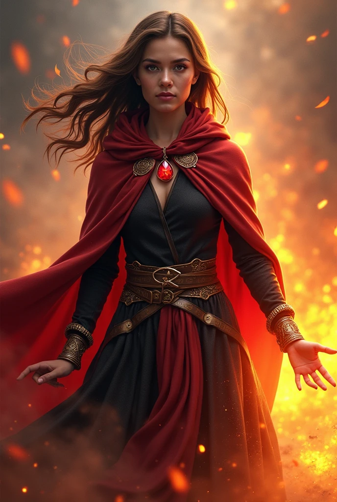 Create a brown-haired female pyromancer, with a red stone around his neck, red and black cloak