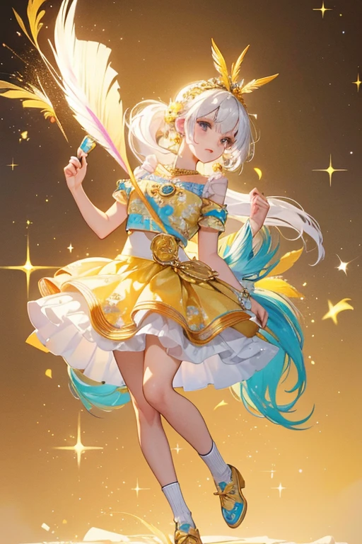 Peola is a light tan pony with white hair.
She wears a yellow and gold top with a blue and floral skirt.
She comes with a gold headpiece with a pink feather and gold shoes. SPARKLE; GLITTER