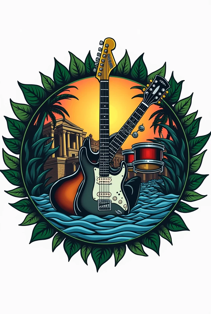 create a logo with a circular shape, with Amazonas Theater in the background and the meeting of the waters, highlighting rock musical instruments crossing the center, wrapped in a frame with Amazon leaf patterns. G3 Office written