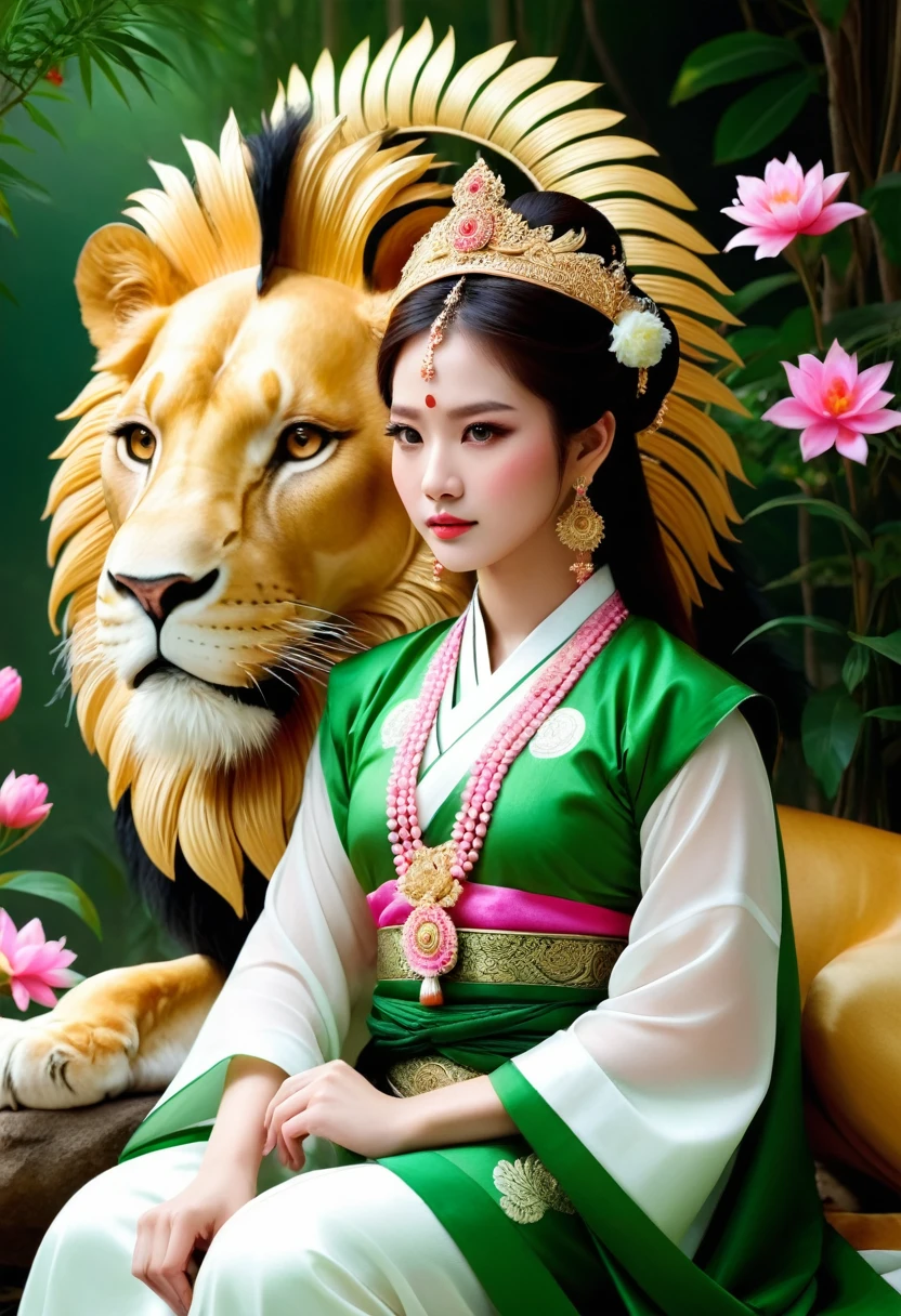 A quiet scene with a woman, Decorated in traditional green and white attire, ยืนสง่างามข้างlionเขียวอันสง่างาม. A woman wearing an elegant headdress and holding delicate objects in her hands.. lion, With its intricate fur and fierce yet calm expression, Surrounding her, Create a bond of protection and unity among them.. The background is also dark., ด้วยแสงอันละเอียดอ่อนที่เน้นlionและผู้หญิง, And there are pink flowers floating, adding to the pure atmosphere..