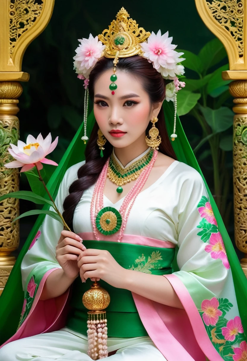 A quiet scene with a woman, Decorated in traditional green and white attire, ยืนสง่างามข้างlionเขียวอันสง่างาม. A woman wearing an elegant headdress and holding delicate objects in her hands.. lion, With its intricate fur and fierce yet calm expression, Surrounding her, Create a bond of protection and unity among them.. The background is also dark., ด้วยแสงอันละเอียดอ่อนที่เน้นlionและผู้หญิง, And there are pink flowers floating, adding to the pure atmosphere..