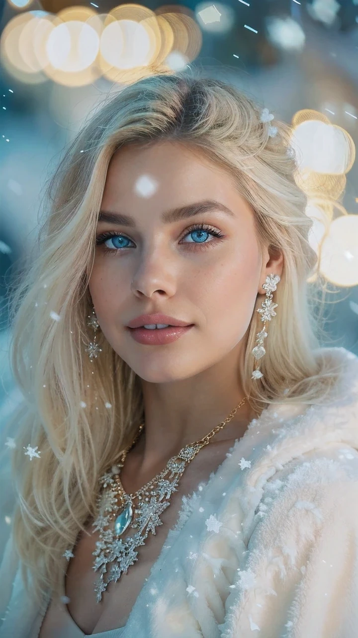 (detailed), perfect face, realistic photo of beautiful woman, blue eyes, piercing eyes, long hair, blond hair, wearing detailed necklace, Polish, influencer, light freckles, big lips, no makeup, wearing detailed bracelet, wearing detailed watch, wearing detailed diamond ring, Instagram, k, sharp photo, perfect body, model looking, realistic photo of a woman, romantic atmosphere, The full-body shot of this attractive toman should feature a striking pose, random hairstyle, golden, blond hair color, perfect detailed hands, perfect detailed fingers, ((best quality)), ((masterpiece)),(smile:1.2), snow-covered landscape under the soft glow of twilight. Snowflakes gently fall from the sky, blanketing the ground in a pristine layer of white. In this winter wonderland, a woman with blonde hair and icy blue eyes stands gracefully. She is wrapped in a luxurious, white faux fur coat, which contrasts beautifully with the snowy scene. Beneath the coat, she wears a shimmering, white gown that sparkles like the snow around her. golden drop earrings and a delicate snowflake pendant necklace adorn her, enhancing her winter-themed attire. This enchanting setting and her elegant outfit create a magical and dreamy image.