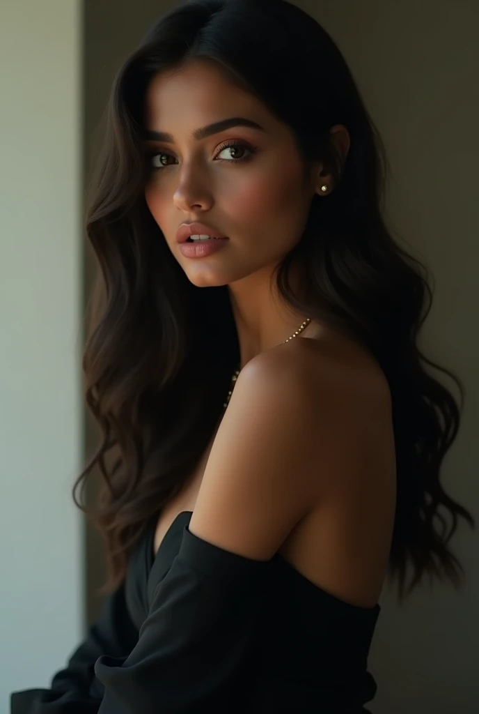 A brown-skinned girl with oriental Arab features resembling Kylie Jenner wearing a black dress with sleeves