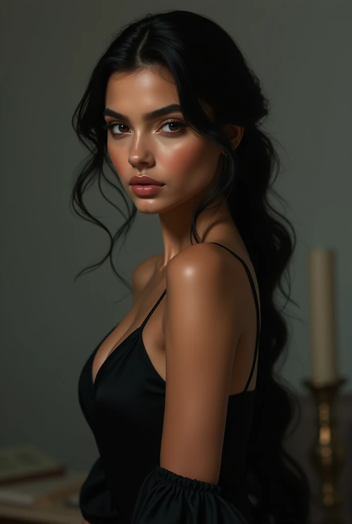 A brown-skinned girl with oriental Arab features resembling Kylie Jenner wearing a black dress with sleeves