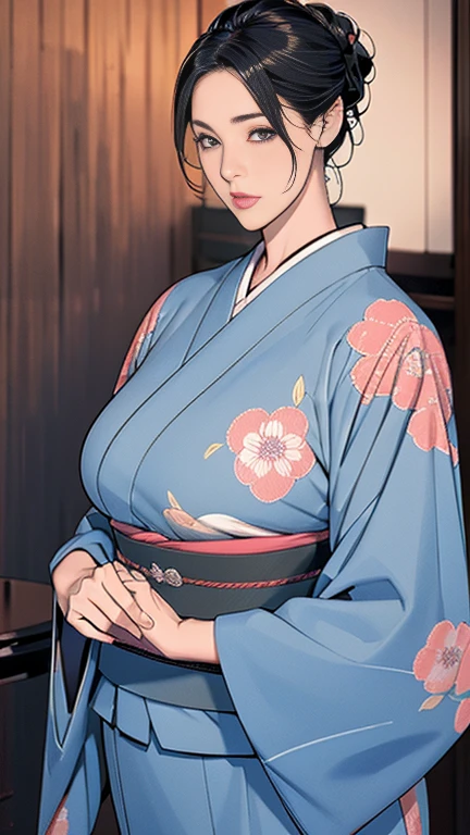 1，Japanese hairstyle，Photorealism，detailed，masterpiece，mature，((full))， (Broad shoulders), ((Huge))，Plus size mature women，expensive，30 years old，Pretty face, (Plump woman)，Beautiful long-sleeved kimono，kimono，Hold your chest with both hands:1，high quality，Are standing，High Resolution 4K Information,Kyoto,countries
