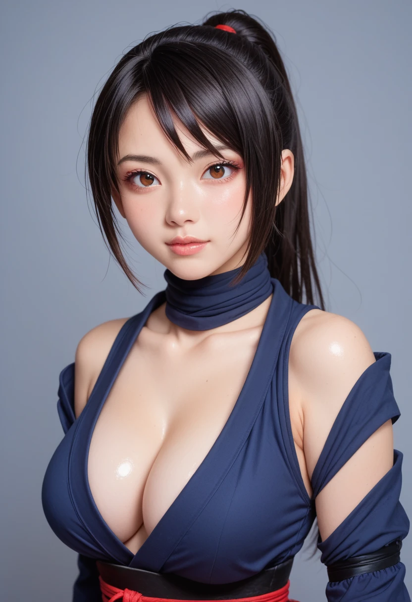 score_9,score_8_up,score_7_up,(pastel-color),(high brightness colors),Cute 20-year-old Japanese 1 girl,solo,(8k, masterpiece, ultra-detailed, best quality, ultra high res, newest, very aesthetic, absurdres, illustration, perfect composition),(hires),looking at viewer,black hair,shiny skin,fair skin,(upper body:1.5),toothless smilev,emphasizing her curvy body and large breasts,(ninja:1.5),(Seductive pose:1.5)