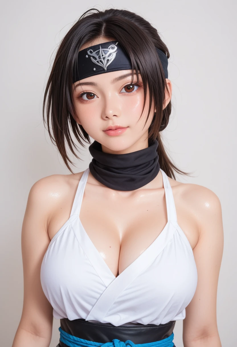 score_9,score_8_up,score_7_up,(pastel-color),(high brightness colors),Cute 20-year-old Japanese 1 girl,solo,(8k, masterpiece, ultra-detailed, best quality, ultra high res, newest, very aesthetic, absurdres, illustration, perfect composition),(hires),looking at viewer,black hair,shiny skin,fair skin,(upper body:1.5),toothless smilev,emphasizing her curvy body and large breasts,(ninja:1.5),(Seductive pose:1.5)
