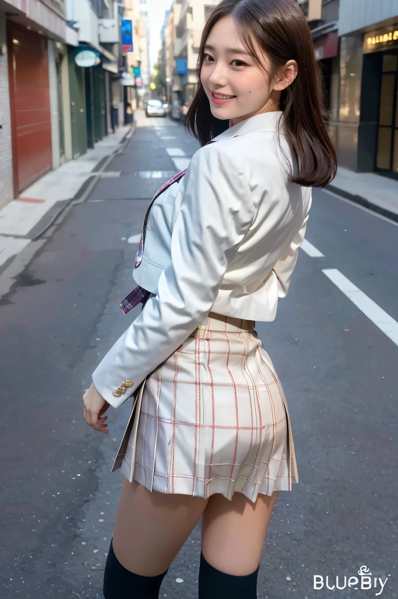 (8K), (highest quality: 1.2), (Realistic), (Realistic: 1.37), Ultra-high resolution, 3 girl, cute, (Embarrassed smile:1.2), (Blushing:1.4),Mouth closed, Beautiful details, Beautiful Nose, (white gold color straight Hair), giant dulcefo, pork, Thighs,Navel exposed,University Student Uniform,A simple blazer,Pleated skirt,(The skirt and tie are tartan check pattern.:1.3), (standing on a street:1.2),(Shiny Thighs:1.4), (medium shot :1.2),(from behind:1.3), (dark blue high socks:1.2),(スカートの中に黒いホットパンツを履いている:1.5)