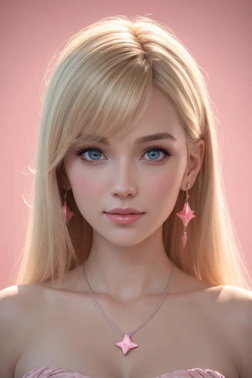 One person,Star Blue Eye,blush,Perfect lighting,Upper Body,3DMM,Blonde,Long Hair,jewelry,Gradient pink background,Pink Dress,Earrings,Pink Dress,Realistic,necklace,View your viewers,tiara,Pink Lips,A light smile,Unreal Engine,Side lighting,Detailed face,bangs,Light Skin