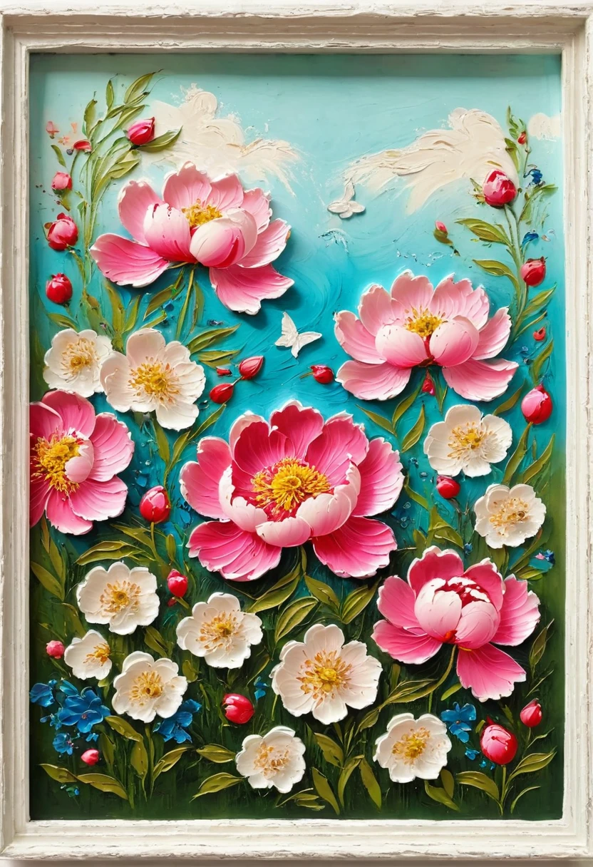 indoor,Beautiful scenery,A painting in a white plaster frame on an easel:(((Soft tones,Chalk painting,Oil stick painting,flight,Thick coating,Uneven texture,Plaster texture,Graffiti)))。Korean style framed decorative painting,3D Decorating,French style peony flower