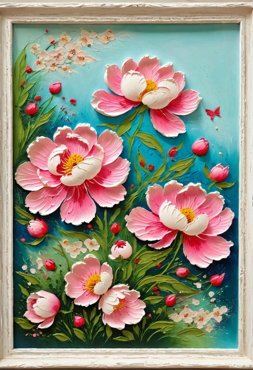 indoor，Beautiful scenery，A painting in a white plaster frame on an easel：(((Soft tones，Chalk painting，Oil stick painting，flight，Thick coating，Uneven texture，Plaster texture，Graffiti)))。Korean style framed decorative painting，3D Decorating，French style peony flower