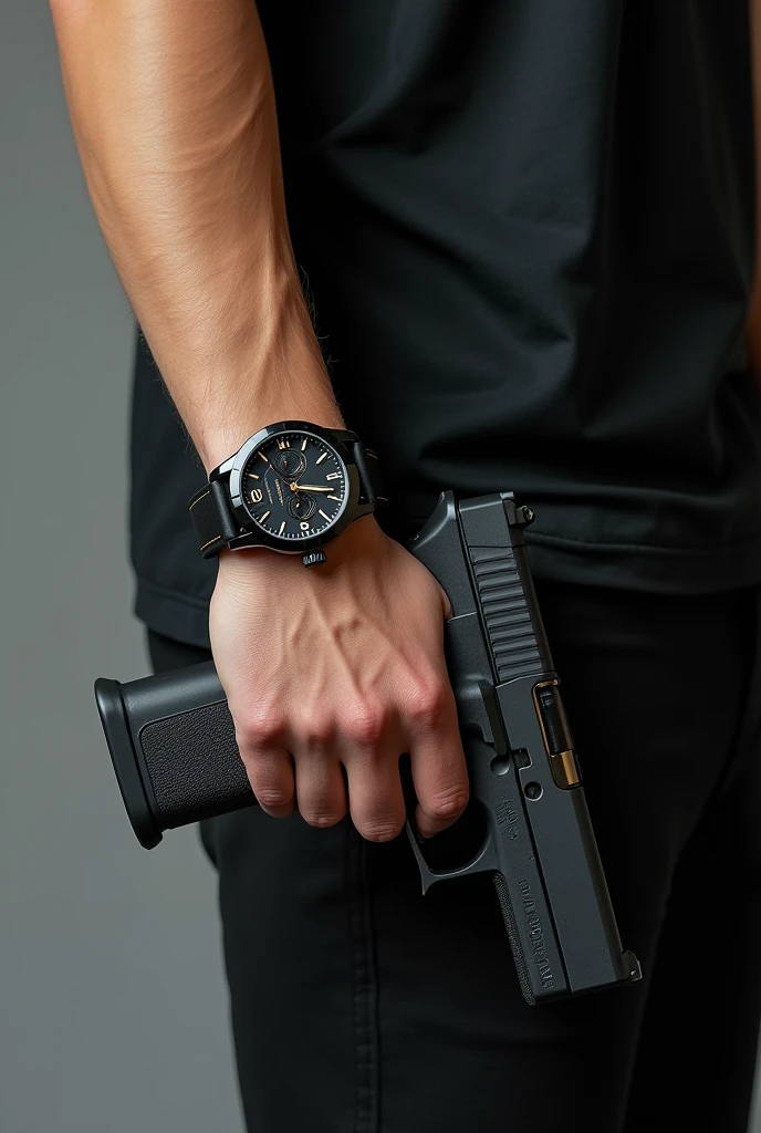 From the forearm down with a Gucci watch on the wrist and Glocks with extended, without showing the body only the arm, that it be a ager's arm