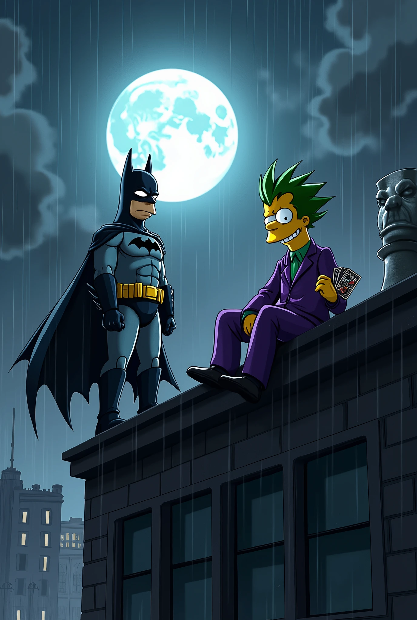 Create a dark, intense movie poster featuring Homer Simpson as Batman and Bart Simpson as the Joker, set in a gritty, noir-style Gotham City. Homer, dressed in a menacing, armored Batman suit, stands on the edge of a tall, shadowy building's rooftop, his cape billowing in the wind. His expression is serious and determined, highlighted by the white glow of the full moon in the background. The atmosphere is heavy with smoke and a light drizzle of rain, adding to the moody, tense vibe of the scene.

On the opposite side of the rooftop, Bart, as the Joker, leans casually against a gargoyle, his face painted with the Joker's signature sinister smile. He's dressed in a purple suit, with wild green hair, holding a deck of cards in one hand, and a mischievous, unsettling grin on his face. The poster is drenched in deep blues, blacks, and purples, with flashes of lightning illuminating the dark sky, capturing the ominous and thrilling essence of the Batman universe, reimagined with the iconic Simpson characters.