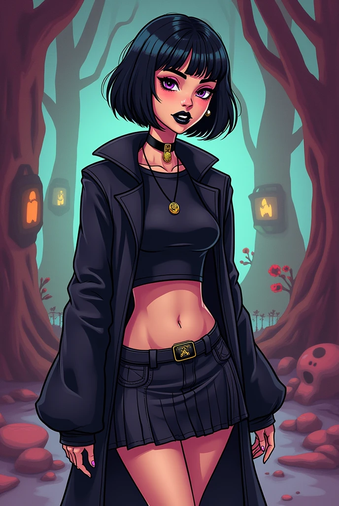 make a cartoon illustration scooby doo style, of a woman with short black hair, short bangs, usa cropped preto, apple watch preto, half drag, short preto, wears black sneakers, and wears a black coat, wear black lipstick and black eyeliner