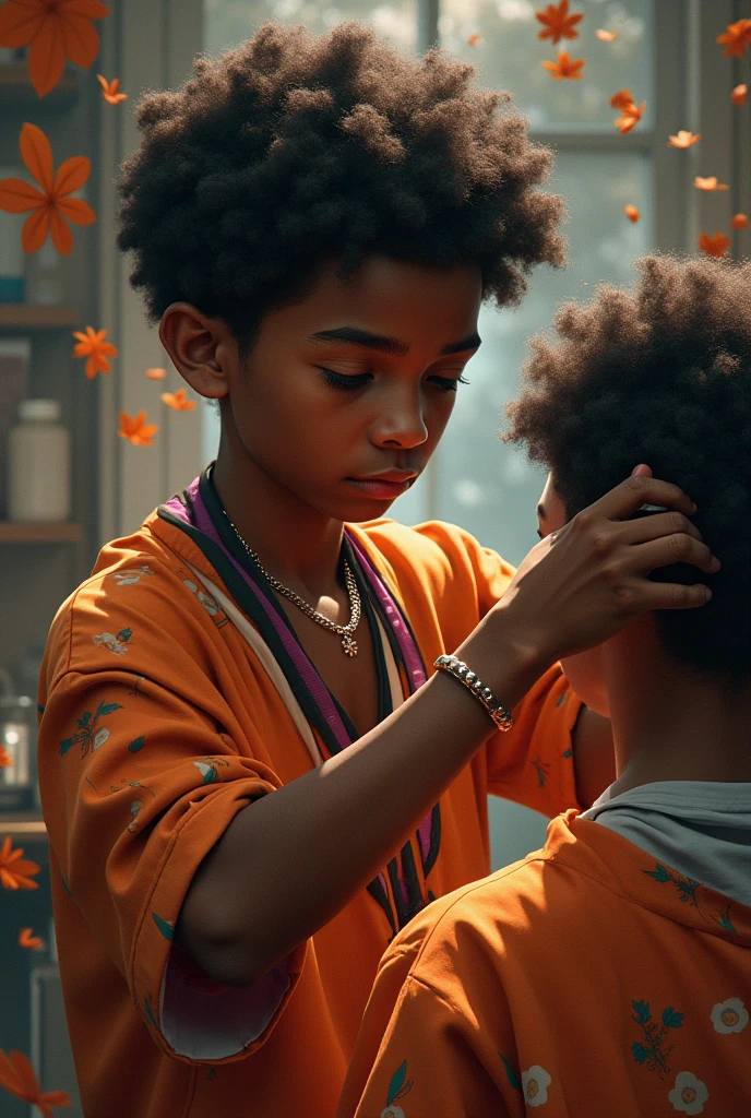 A dark-skinned boy cutting hair with a lot of flow in the outfit 