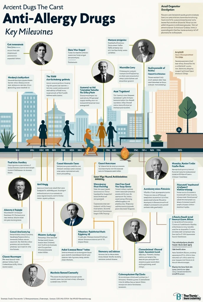 A visual timeline showing important milestones in the development of anti-allergy drugs, including the discovery of the first antihistamines and the evolution to second and third generation drugs.