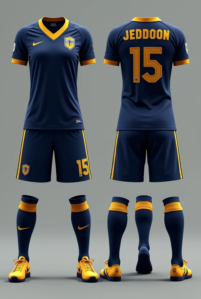 Women's soccer team uniform T-shirt: Navy blue base color with gold details, like the team logo and the lines on the sides. V-neck in gold.
Shorts: Navy blue with a gold stripe on the sides.
socks: Gold with a navy blue band at the top.
Accessories: Socks with small golden details.