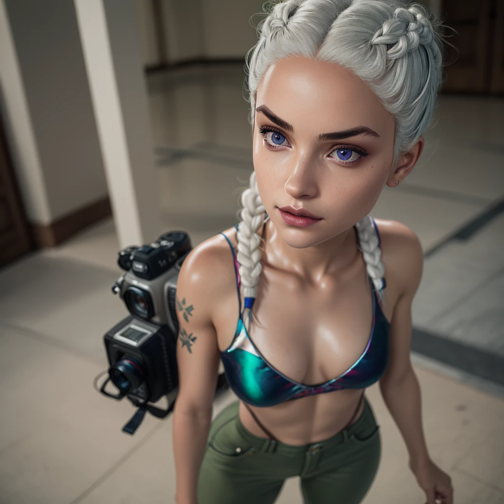 (1girl), full body, izzy, twin braids, shoulder tattoo, wearing green military pants and swimsuit, masterpiece, best quality, detailed, high quality, film grain, high res, highly detailed, hyper realistic, beautiful face, beautiful body, beautiful eyes nose lips,, (high detailed skin:1.2), 8k uhd, dslr, super lighting, high quality, film grain,