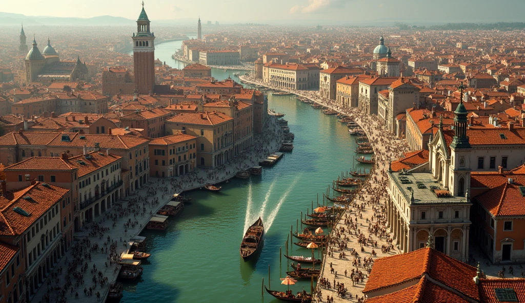 Venice in the 14th century, Europe in the Middle Ages, from above view, with small buildings. With a lot of people, traders and people