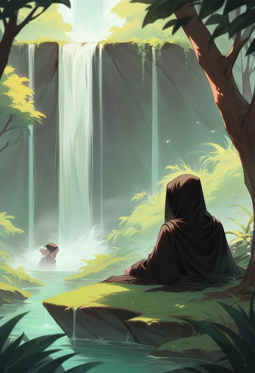 detailed closeup, beauty javanesse 30 years old, wearing a black abaya and khimar hijab, stand on front of forest waterfall