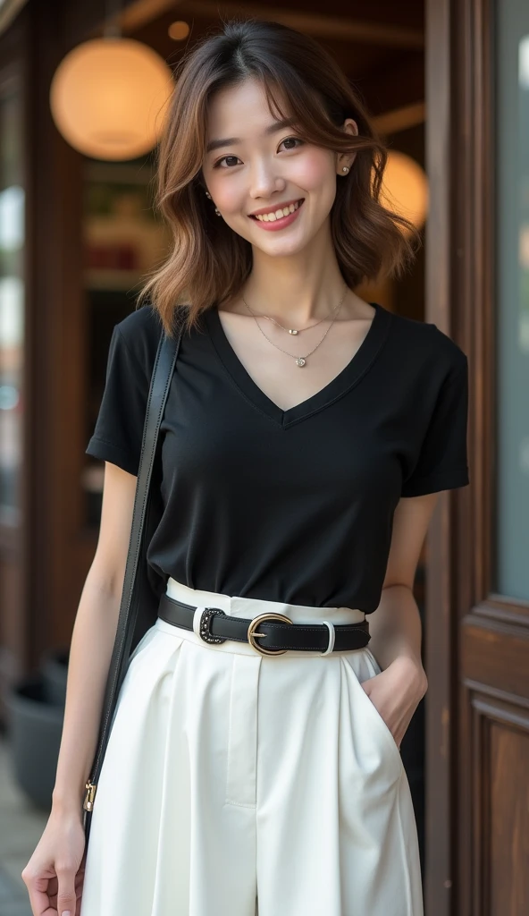 Female anime character wearing a black t-shirt and tiktok content creator necklace with a short black skirt and loose hair
