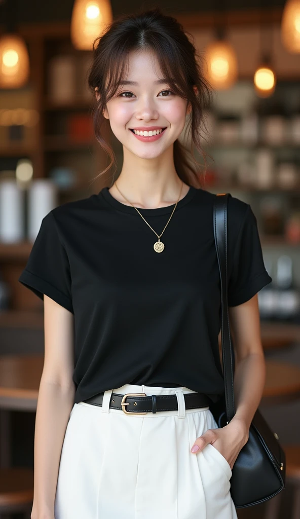 Tabletop、masterpiece、Highest quality、Genuine、Very detailed、finely、Intricate details、High resolution、8k wallpaper、One beautiful woman、light brown disheveled hair、Sharp focus、Perfect dynamic composition、Beautiful and detailed、Thinning hair、詳細なGenuineな肌の質感、smile、Close-up portrait、Model body type、smile、looking at the camera、29-year-old Japanese woman、Black short sleeve T-shirt、She has a white skirt and a shiny black enamel belt.、necklace,tote bag,Straight Long Hair, Natural color lip, Random sexy poses,In front of a cafe near Tokyo Station,The whole body is shown,Anatomically correct body、Anatomically correct finger structure