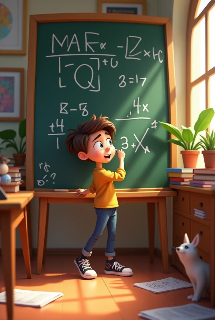 a pixar style teenager solving a math exercise on a blackboard