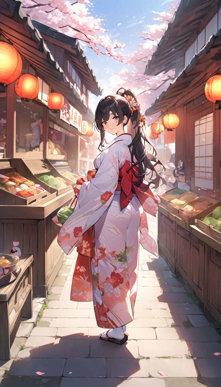 One Woman、beautiful girl、evening、kimono、Beautiful patterned kimono、ponytail、Waraji、School、Back of the school building、spring、cherry blossoms々、はためくcherry blossomsの花びら、Long Hair、Highest quality、Ultra HD、Black Hair、smile、8 heads、White tabi socks、Japanese Umbrella、smile、Cowboy Shot、festival、Many food stalls、Beautiful views、Turn your body forward.